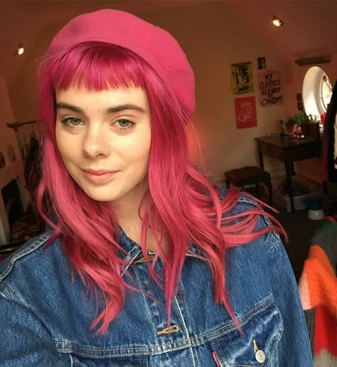 Pink Hair Micro Bangs, Long Pink Hair With Bangs, Pink Hair Bangs, Pink Hair With Bangs, Baby Bangs Long Hair, Pink And Orange Hair, Dark Pink Hair, Long Pink Hair, Dyed Hair Inspiration