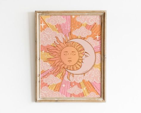 Celestial Bedroom Decor, Celestial Bedroom, 70s Art, Witchy Art, Witchy Home Decor, 70s Home, 70s Decor, 70s Home Decor, Moon Wall Art