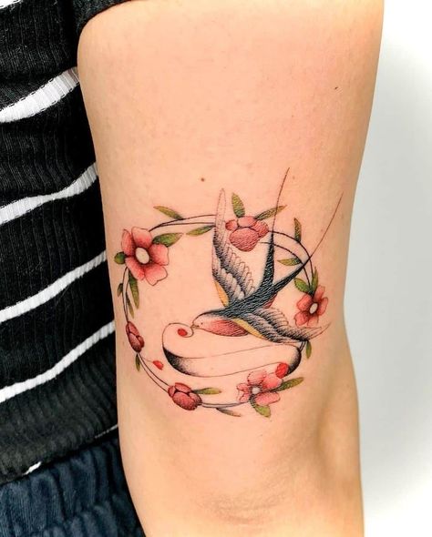 Delicate & Feminine Sparrow Tattoo Sparrow Heart Tattoo, Sparrow Tattoo Color, Gunstock Club, Sparrow Tattoo Ideas, Dawn Tattoo, Sparrow Tattoo Design, Bird And Flower Tattoo, Sakura Tattoo, Sparrow Tattoo