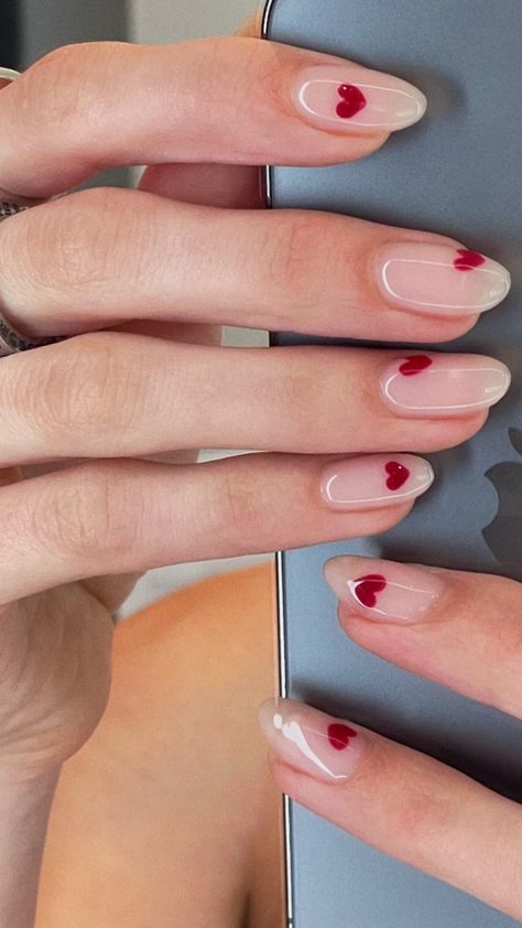 Nails 2024 Valentines, Nail Ideas Valentines Day Simple, That Girl Nails Aesthetic, Short Red Heart Nails, Chic Valentines Nails, Valentines Day Nails Minimalist, Dainty Valentines Nails, Cute Valentines Day Outfits Aesthetic, Milky White Valentines Nails