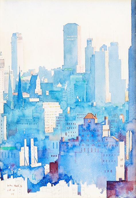 john held jr. I934 new york skyline watercolor and pencil on paper Peisaj Urban, Watercolor Art Diy, Watercolor City, Skyline Painting, Watercolor Architecture, City Painting, Art Aquarelle, Collaborative Art, Skyline Art