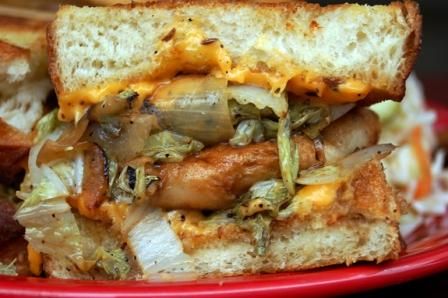 Parmageddon (potato & cheese pierogies on a grilled cheese sandwich) Melt Bar & Grilled Sandwich Melt, Ballpark Food, Sandwich Melts, Extreme Food, Classic Grilled Cheese, Potato Cheese, Food Advice, Grilled Onions, Burgers Sandwiches