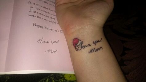 In memory of my dear mother. Now I will be in constant reminder of her love for me. I added the Santa hat to symbolize her love of Christmas and Santa Claus. Santa Hat Tattoo, Hat Tattoo, A Tattoo Design, The Best Tattoos, Love For Me, Best Tattoo Ideas, Stick And Poke, Best Tattoos, Birthday Nails