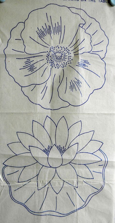 VINTAGE EMBROIDERY TRANSFER - 2 LARGE FLOWER HEADS - WATER LILY & POPPY Lotus Flower Embroidery Pattern, Water Lily Embroidery Pattern, Poppy Embroidery Pattern, Water Lily Embroidery, Lotus Embroidery, Vintage Embroidery Transfers, Embroidery Vintage, Embroidery Transfers, Embroidery Patterns Vintage