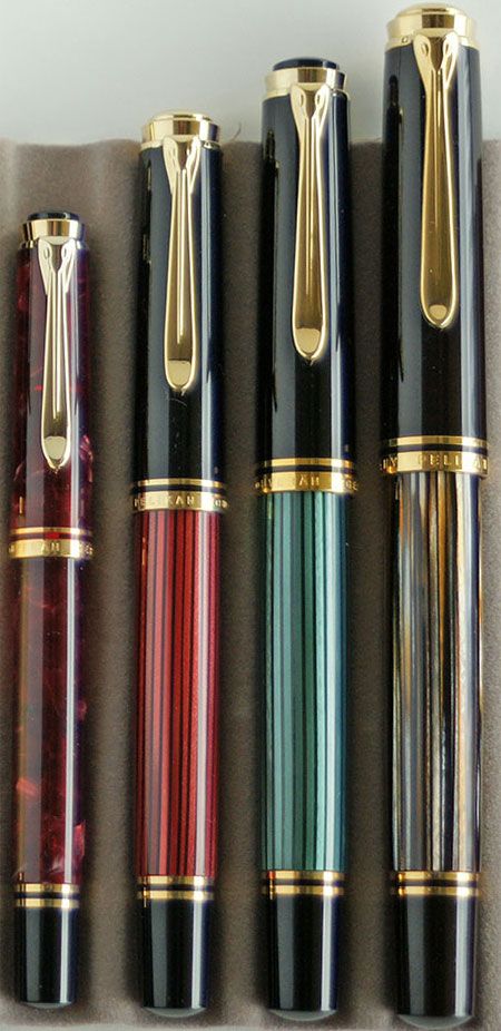 Souverän Series, post-'97 left to right: Ruby red M320, Red striped M400, Green striped M600, Tortoiseshell brown M800 Pelikan Fountain Pen, Parker Fountain Pen, Pen Stationary, Elegant Pens, Vintage Pens, Unique Pens, Fountain Pen Nibs, Fine Writing Instruments, Pen Collection