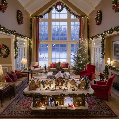 Creative Ways To Display Christmas Village, How To Display Christmas Village, Christmas Town Display Ideas, Christmas Ladders Ideas, Diy Christmas Village Platform, Diy Christmas Village Houses, Christmas Village Display Ideas Diy, Holiday Village Display, Christmas Village Display Ideas