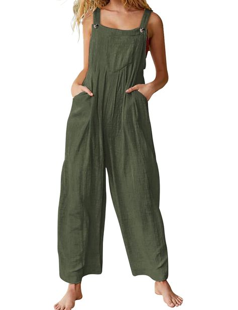 PRICES MAY VARY. Women jumpsuits are made of high-quality cotton,comfort and breathable which help us to keep cool and avoid the sweat smell during the whole hot summer. It very soft to wear all the day. Features: Adjustable shoulder strap with buttons, square neck, sleeveless, wide leg pants, ankle length, loose fit. Some lovely pleats deign, adding a touch of brightness to this Wide Leg Jumpsuit, more playful and sweetness. Unique bib overalls, funny and fantastic. Multiple pockets,very conven Baggy Overalls, Overalls Summer, Loose Romper, Overalls Casual, Women's Overalls, Linen Jumpsuit, Overalls Women, Wide Leg Jumpsuit, Fashion Pants