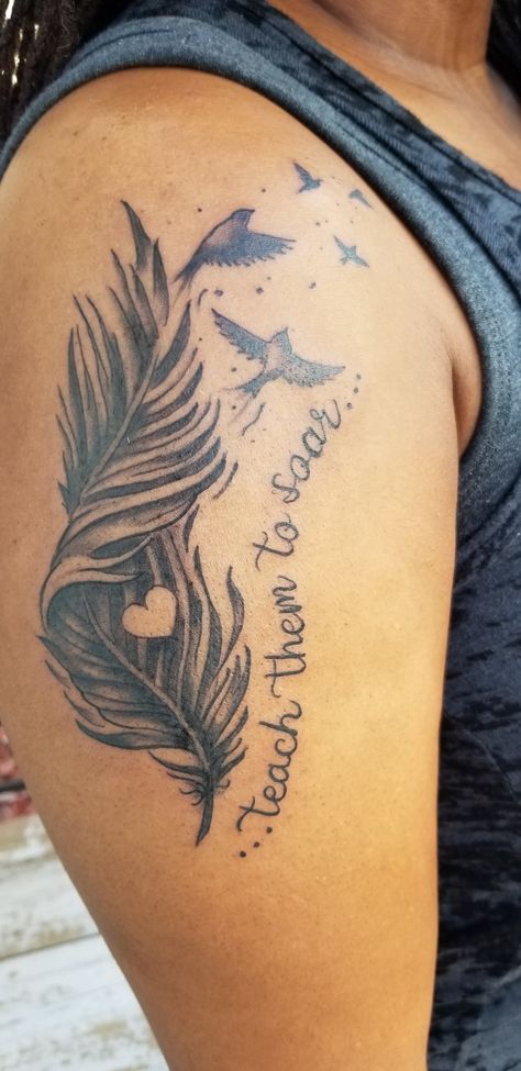 Feather and birds tattoo. Shoulder tattoo. Women Feather Tattoo Ideas, Bird With Feather Tattoo, Feather Turning Into Birds Tattoo, Thigh Feather Tattoo Women, Memorial Feather Tattoo Ideas, Bluebird Feather Tattoo, Feather Tattoo On Thigh, Angel Feathers Tattoo, Feather Memorial Tattoos For Women