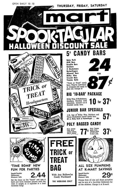 Kmart Halloween - October 1964 Kmart Halloween, Halloween Discount, American Flag Wallpaper, Newspaper Advertisement, Vintage Menu, Retro Advertising, Retro Ads, Ad Art, Old Ads