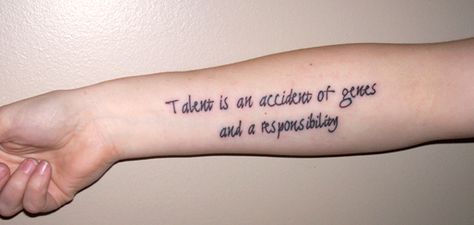 Alan Rickman "Talent" quote tattoo by TheCopperDragon2004 on DeviantArt Alan Rickman Tattoo, Husband Tattoos, Galileo Quotes, Quotes In Cursive, Inspirational Quote Tattoos, Finger Quotes, Serenity Prayer Tattoo, Prayer Tattoo, Latin Tattoo