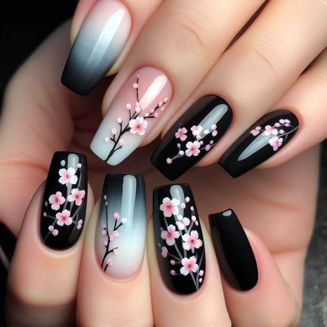 Pink Black Nails Designs, Jojo Nails, Clawed Beauty, Nerd Nails, Designed Nails, Black And White Nails, Bee Nails, Cherry Blossom Nails, Unghie Sfumate