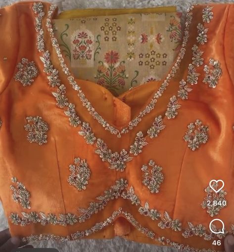 Maggam Heavy Work Blouse Designs, Kardhana Work Blouses, Silver Maggam Work Blouse Designs, Addutera Designs, Orange Blouse Designs, Heavy Maggam Work Blouse Designs Latest, Latest Blouse Neck Designs, Stone Work Blouse, Magam Work