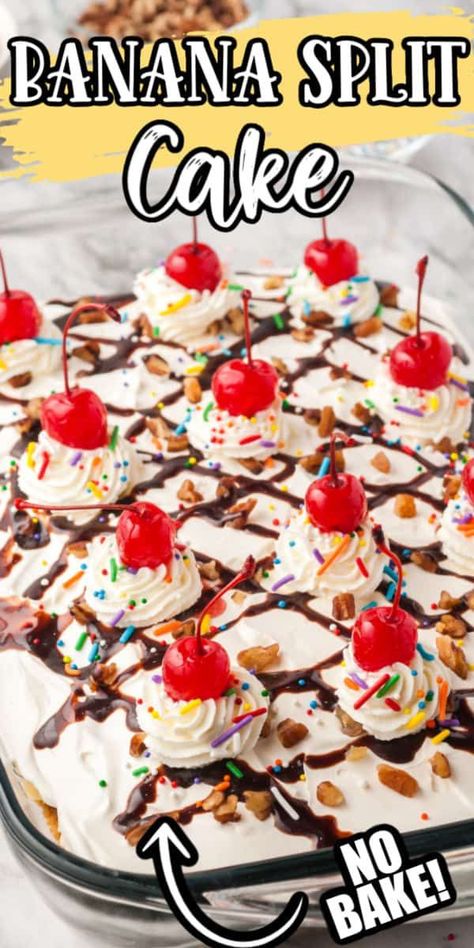 Best Custard Pie Recipe, Banana Split Sundae, Banana Split Cake Recipe, Banana Split Dessert Recipes, Banana Splits Sundae, Banana Split Pie, Banana Pudding Cookies, Banana Desserts, Bake Banana