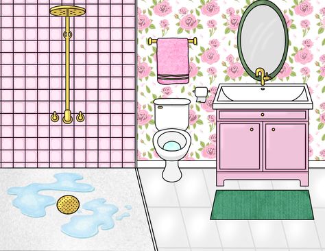 Paper doll bathroom Paper Doll House Bathroom, Paper Dolls Room, Paper Doll Bathroom, Doll Bathroom, Princess Paper Dolls Printable, Paper Bathroom, Bathroom Drawing, Hello Kitty Bathroom, Cartoon Bathroom