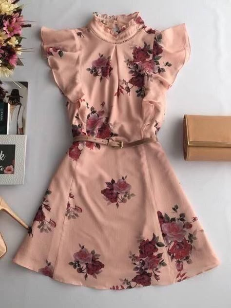 Dusty Rose w/ Mauve Floral | Ruffle Shoulder | High Neck | Tan Belt | Flowy Bottom | Short Dress Sukienki Maksi, Rok Outfit, Bohol, Mode Inspiration, Pretty Dresses, Pretty Outfits, Homecoming Dresses, Cute Dresses, Dress To Impress