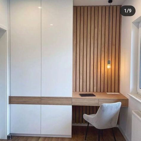 Curved Doors Interior, Fluted Wardrobe, Wardrobe With Desk, Study Room Design, Modern Cupboard Design, Small Home Offices, Wardrobe Interior Design, Study Area, Bedroom Cabinets