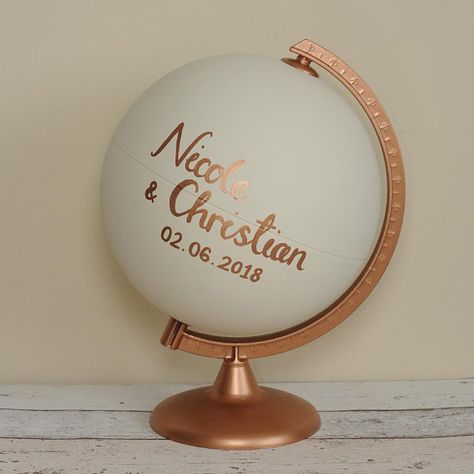 White Boho Wedding Decor, Globe Diy Projects, Upcycled Wedding, Globe Diy, Hand Painted Globe, Painted Globe, Hand Painted Wedding, Boho Wedding Decorations, Wedding Guest Book Alternatives