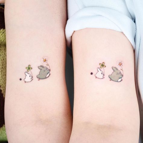 Anime Sister Tattoos, Small Tattoo Mother Daughter, Best Friend Tattoos Anime, Matching Ghibli Tattoos, Matching Studio Ghibli Tattoos, Studio Ghibli Matching Tattoo, Couple Tattoos Anime, Small Tattoos Mother Daughter, Matching Anime Tattoos