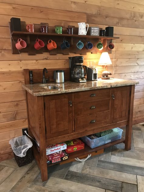 Coffee Bar With Sink, Coffee Bar Hutch Ideas, Bar With Sink, Built In Coffee Bar, Coffee Bar Hutch, Bar Hutch, Apartment Makeover, Small Bar, Bar Sink