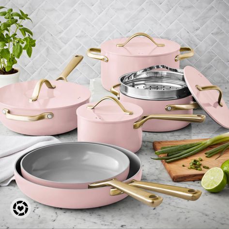 Pink Cookware Set, Pink Pots And Pans Cookware Set, Cute Pots And Pans Set, Aesthetic Pots And Pans, Pink Pots And Pans, Pretty Cookware, Blush Pink Bedroom Decor, Caraway Cookware, Pot And Pan Set