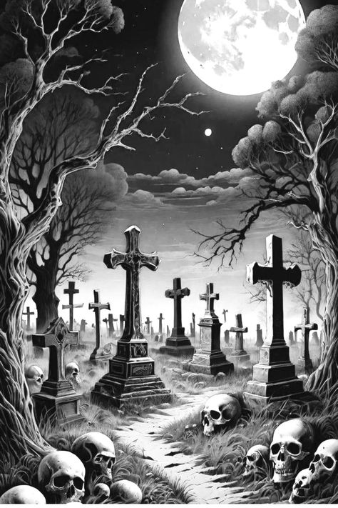 Grim Reaper In Graveyard, Cemetery Tattoo Graveyards, Tattoo Graveyard, Cemetary Tattoo, Graveyard Tattoo Design, Cemetery Drawing, Graveyard Drawing, Dark Tattoos For Men, Cemetery Tattoo