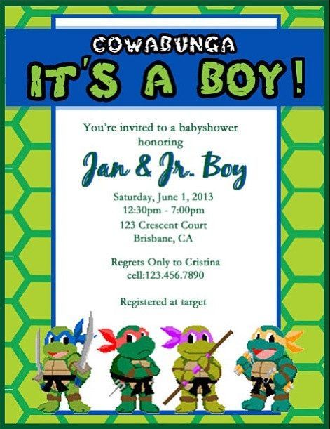 Ninja Turtle Baby Shower on Pinterest | Teenage Mutant Ninja ... Baby Ninja Turtle, Turtle Nursery, Turtle Baby Shower, Turtle Baby, Tmnt Party, Baby Shower Invitations Design, Ninja Turtle Party, Turtle Party, Jungle Baby Shower