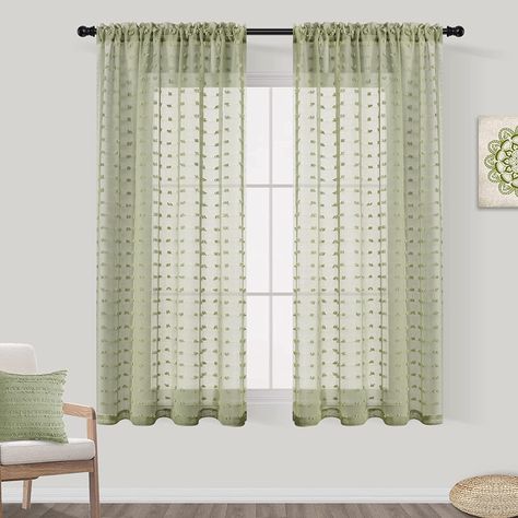 Amazon.com: Sage Green Sheer Curtains 63 Inch Length with Pom Pom Tufted for Bedroom Living Room Nursery Windows Country Rustic Farmhouse Boho Semi Sheer Curtain Light Green Rod Pocket 2 Panels 52x63 : Home & Kitchen Sage Green Curtains Bedroom, Boho Drapes, Light Green Curtains, Green Curtains Bedroom, Green Sheer Curtains, Pom Pom Curtains, Black Blackout Curtains, Half Curtains, Sage Green Bedroom