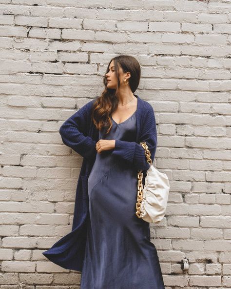 Satin Dress Winter Outfit, Slip Dress Outfit Fall, Slip Dress Outfit Winter, Satin Dress Outfit, Navy Satin Dress, Satin Long Sleeve Dress, Sarah Christine, Silk Dresses Outfit, Sarah Butler