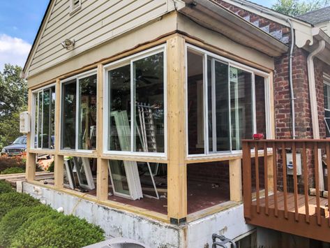 Patio Into Sunroom, Porch To Sunroom Conversion, Glassed In Porches, Porch To Sunroom, Closed In Porch, Sunroom Remodel, Sunroom Windows, Screened In Porch Diy, Glass Porch