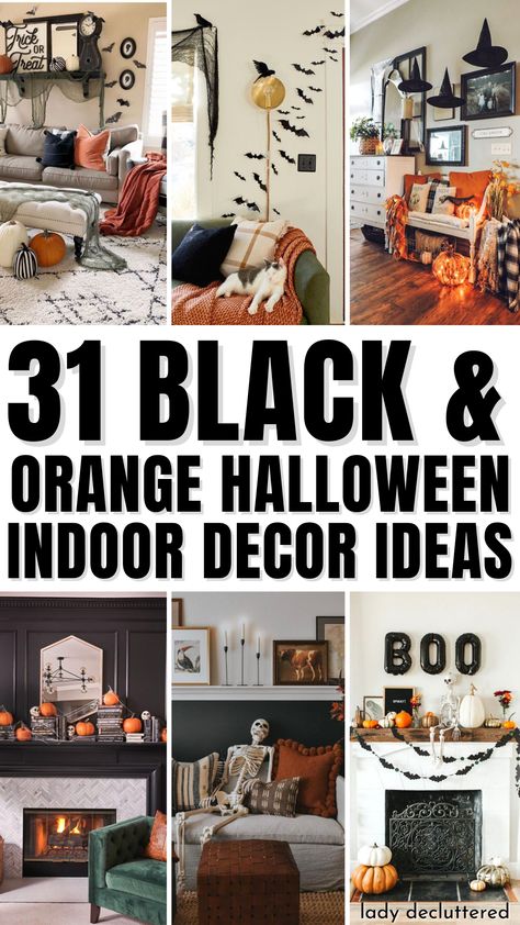 31 Black & Orange Halloween Indoor Decor Ideas Black White Orange Halloween Decor, Black And Silver Halloween Decor, Orange And Black Halloween Decor, Halloween Fall Decorations Indoor, Simple Halloween Decor Indoor, Halloween Trick Or Treat Ideas, Black Pumpkin Decor, Orange Halloween Decor, Classic Halloween Decor