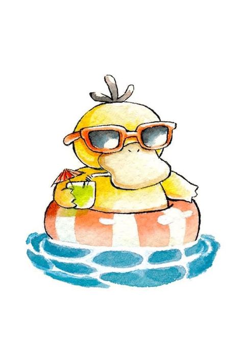 Cute Pokémon Drawing, Summer Pokemon, Pokémon Illustration, Psyduck Drawing, Pokemon Illustration Art, Pokemon Summer, Psyduck Tattoo, Pokemon Wallpaper Psyduck, Pokemon Tattoo Psyduck