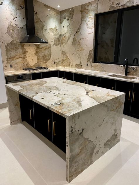 We fabricate high-quality Dekton countertops for kitchens, bathrooms, and bars, along with matching full backsplashes and custom integrated sinks. Kitchen Countertops Backsplash, Dekton Countertops, Epoxy Kitchen, Modern Industrial Kitchen, Bathroom Vanity Countertops, Kitchen Cabinet Ideas, Victorian Kitchen, Gold Kitchen, Casa Container