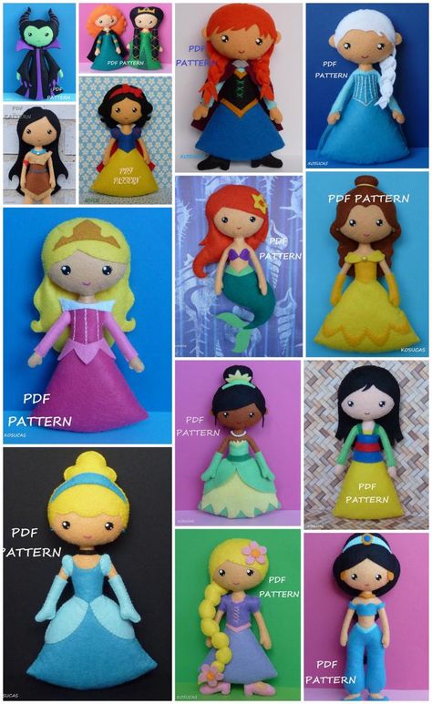 All the Disney Princess felt doll sewing patterns you'll ever need! Cinderella, Snow White, Elsa and Anna, Mulan, Pocahontas, Tiana, Belle, Sleeping Beauty, Rapunzel, Jasmine and Merida. Just too gorgeous! Princess Quiet Book, Felt Doll Patterns, Baby Mobil, Elsa And Anna, Doll Sewing, Doll Sewing Patterns, Felt Patterns, Princess Dolls, Disney Crafts