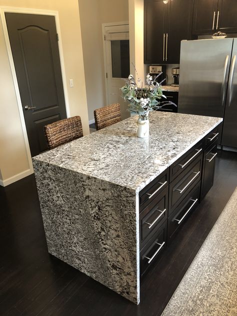 Granite Waterfall Island, Granite Island Kitchen, Granite Waterfall, Waterfall Island Kitchen, Granite Kitchen Island, Waterfall Countertop, Waterfall Island, Granite Island, Church House