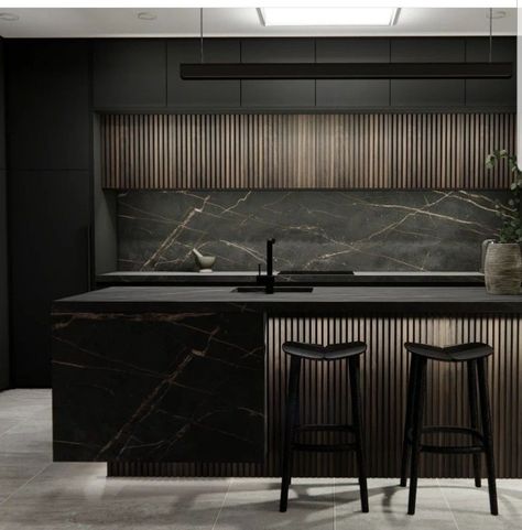 45 Sqm Apartment Interior Design, Modern Kitchen Design Luxury Black, Dark Luxury Kitchen, Kitchen Ideas Modern Decor, Kitchen Ideas Modern Luxury Black, Dark Modern Kitchen, Modern Dark Kitchen, Bar Furniture Design, Modern Kitchen Cabinet Design