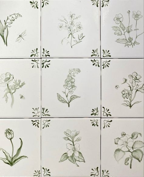 Dye Garden, Paint Backsplash, Patterned Tile Backsplash, Tile Artwork, Green Tiles, Cute Living Room, Painted Tiles, Painted Tile, Hand Painted Tile