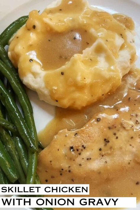 Skillet Chicken with Onion Gravy Recipe via @southernsavers Chicken Cutlet With Gravy, Skillet Chicken And Gravy, Stovetop Chicken And Gravy, Chicken Cutlets With Gravy, Butter Gravy Recipe, Smothered Chicken With Gravy In Oven, Chicken Breast Gravy Recipe, Chicken Onion Soup Mix Recipe, Skillet Chicken With Mushroom Gravy