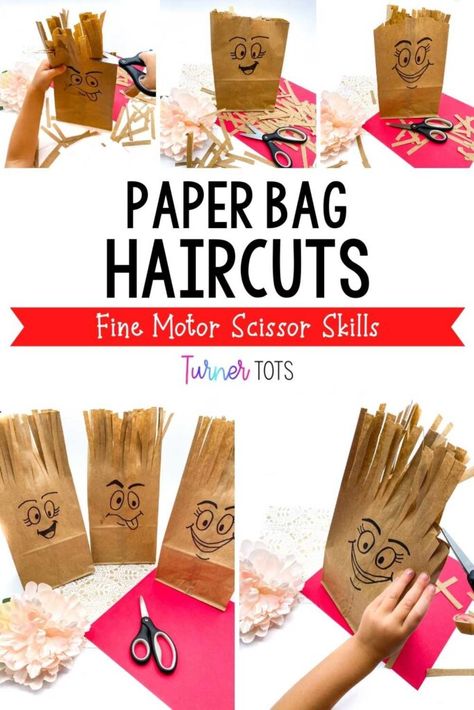 A fun way to practice with scissors are these paperbag haircuts preschoolers can do themselves. This fine motor scissor activity is a fun one - add faces to brown paper bags and allow your little ones to pretend like they are barbers. They will give each paper bag a haircut while their fingers practice those fine motor skills. Click to get more information about this fine motor scissor skills activity! Crafts About Community Helpers, Butcher Paper Prek Activities, Community Helpers Preschool Fine Motor, Paper Bag Activities For Kids, Community Helpers Fine Motor Activities, All About Me Fine Motor, Career Crafts For Kids, Paper Bag Activities, Scissor Activities For Preschool