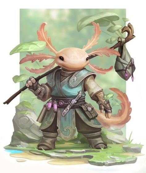 Made an custom Axolotl race for my pathfinder character. Some cute art I found that inspired them - aww post - Imgur Axolotl Dnd Character, Axolotl Fantasy Art, Dnd Axolotl, Axolotl Character Design, Fantasy Axolotl, Axolotl Adventurer, Axolotl Drawing, Axolotl Art, Pathfinder Character