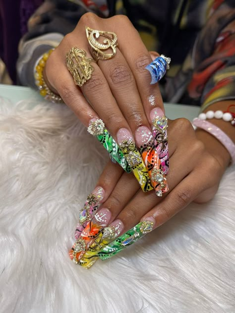 Birthday Long Nails, India Love Nails, Extra Long Nail Designs, Curved Nails Designs, Curve Nails, Freaknik Nails, Freaknik Aesthetic, 90s Nails Acrylic, 90s Nail Designs