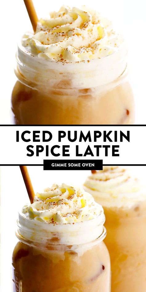 My favorite Iced Pumpkin Spice Latte recipe is made with real pumpkin puree, your choice of milk (dairy or vegan), and naturally sweetened with just a hint of maple syrup. Easy to make in 5 minutes and considerably cheaper than the coffee shop version! | gimmesomeoven.com #pumpkin #latte #coffee #drink #vegan #glutenfree #psl #iced #cold #fall #autumn #winter Pumpkin Coffee Recipe, Pumpkin Latte Recipe, Iced Pumpkin Spice Latte, Iced Latte Recipe, Pumpkin Spice Latte Recipe, Pumpkin Spice Drinks, Pumpkin Syrup, Pumpkin Drinks, Pumpkin Spiced Latte Recipe