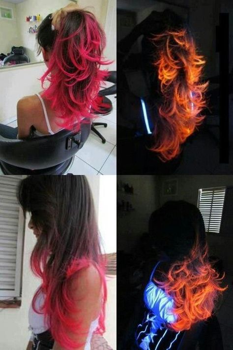 Did you know that some Manic Panic colors glow under black light?  Get this look by painting on Red Passion toward the ends of your hair! Dark Hair Dye, Dark Ombre Hair, Fire Hair, Neon Hair, Bright Red Hair, Awesome Hair, Glow Party, Dye My Hair, Cool Hair