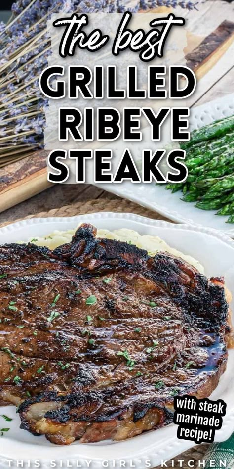 ribeye steaks Garlic Steak Marinade Recipes, How To Marinate Steak, Ribeye Steak Marinade, Grilled Ribeye Steak Recipes, Steak Marinade For Grilling, Steak On The Grill, Best Grilled Steak, Beef Entrees, Grilled Ribeye Steak