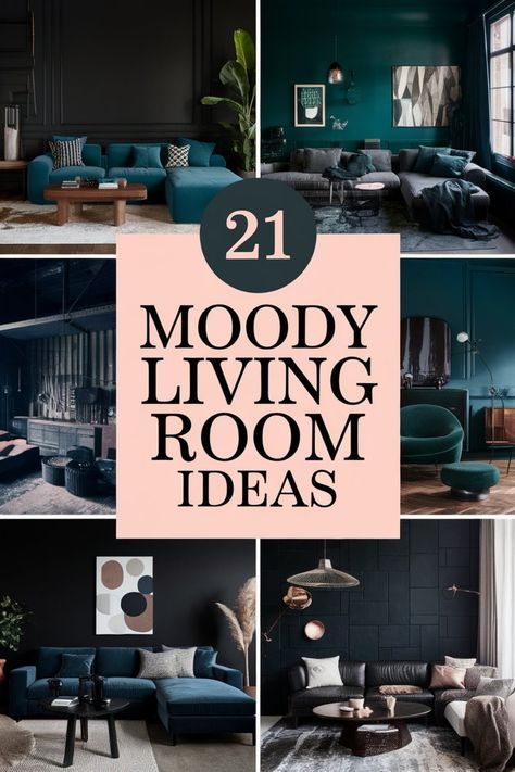 Collage of stylish living rooms with dark, moody decor and bold furnishings. Black Fireplace Blue Couch, Crazy Living Room Ideas, Dark Blue Couch Living Room Ideas, Moody Den Ideas, Living Room With Navy Sofa, Navy Blue Living Room Decor Ideas Color Combinations, Dark Blue Walls Living Room, Dark Blue Living Room Ideas, Cosy Snug Room Ideas