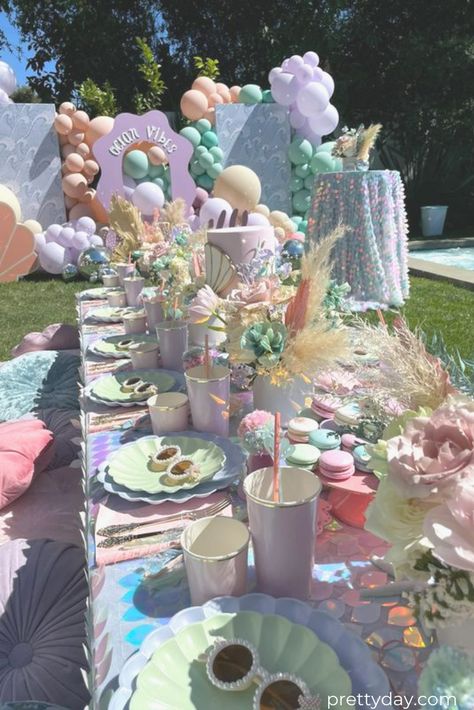 Plan an Adorable Mermaid Vibes Birthday Party! | Pretty Day Vibes Birthday Party, Xare, Mermaid Birthday Party Ideas, Lala Kent, Mermaid Pool Parties, Ocean Birthday Party, Mermaid Birthday Party Decorations, Mermaid Theme Birthday Party, Mermaid Kids