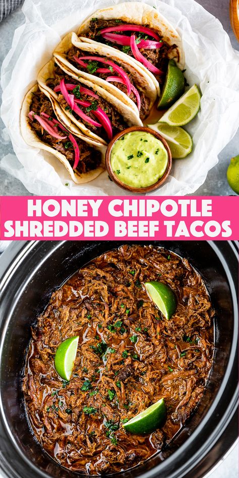 Shredded Beef Tacos made in the Slow Cooker Chipotle Pot Roast Tacos, Shredded Chipotle Beef Crockpot, Crockpot Chipotle Pot Roast Tacos, Chuck Roast For Tacos Crock Pot, Easy Dinners Slow Cooker, Spicy Shredded Beef Tacos, Chuck Roast Shredded Beef Tacos, Crockpot Hot Beef, Slow Cooker Beef For Tacos