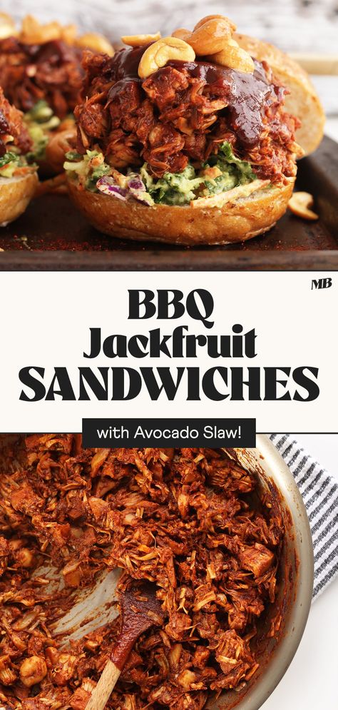 30-MINUTE BBQ Jackfruit Sandwiches! A fiber-packed, vegan twist on pulled pork that's a hit with all kinds of eaters! Saucy, smoky jackfruit is topped with a cool + crunchy AVOCADO SLAW and roasted cashews for even more texture + flavor. Vegan Pulled Pork Sandwich, Jackfruit Sandwich, Vegan Pulled Pork, Homemade Bbq Sauce Recipe, Bbq Jackfruit, Vegan Barbecue, Jackfruit Recipes, Big Juicy, Vegan Bbq