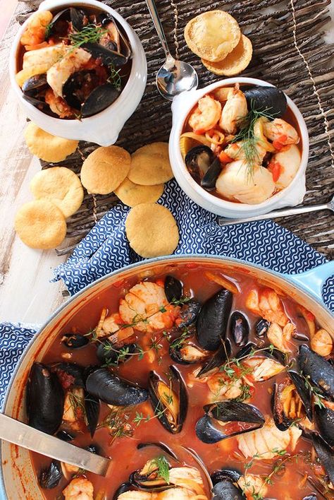 Easy Traditional Bouillabaisse | TheSuburbanSoapbox.com Boulliabaise Recipe, Seafood Bouillabaisse, Bouillabaisse Recipe, England Food, Seafood Stew Recipes, French Soup, Food Network Chefs, Entertaining Food, Island Table