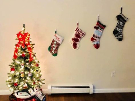 How To Hang Stockings On Wall, Stockings On Wall, Stockings Without A Fireplace, Stocking Stand, Hanging Christmas Stockings, Outside Christmas Decorations, Command Hooks, Hanging Stockings, Wooden Ladder