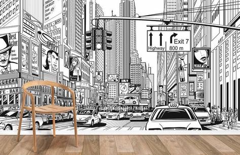 Explore our large number of wallpaper mural selections featuring famous cities, locations, landscapes, skylines, metropolis or other iconic places we all love - New York, Paris, London...you name it! Perfect city landscape wall murals that can be applied to your bedroom, living room and kitchen. Free shipping on all orders! New York Skyline Silhouette, Silhouette Wallpaper, New York Street Art, Teenager Bedroom, Bedroom Boy, Book Painting, Cityscape Wallpaper, Iconic New York, Black And White Comics